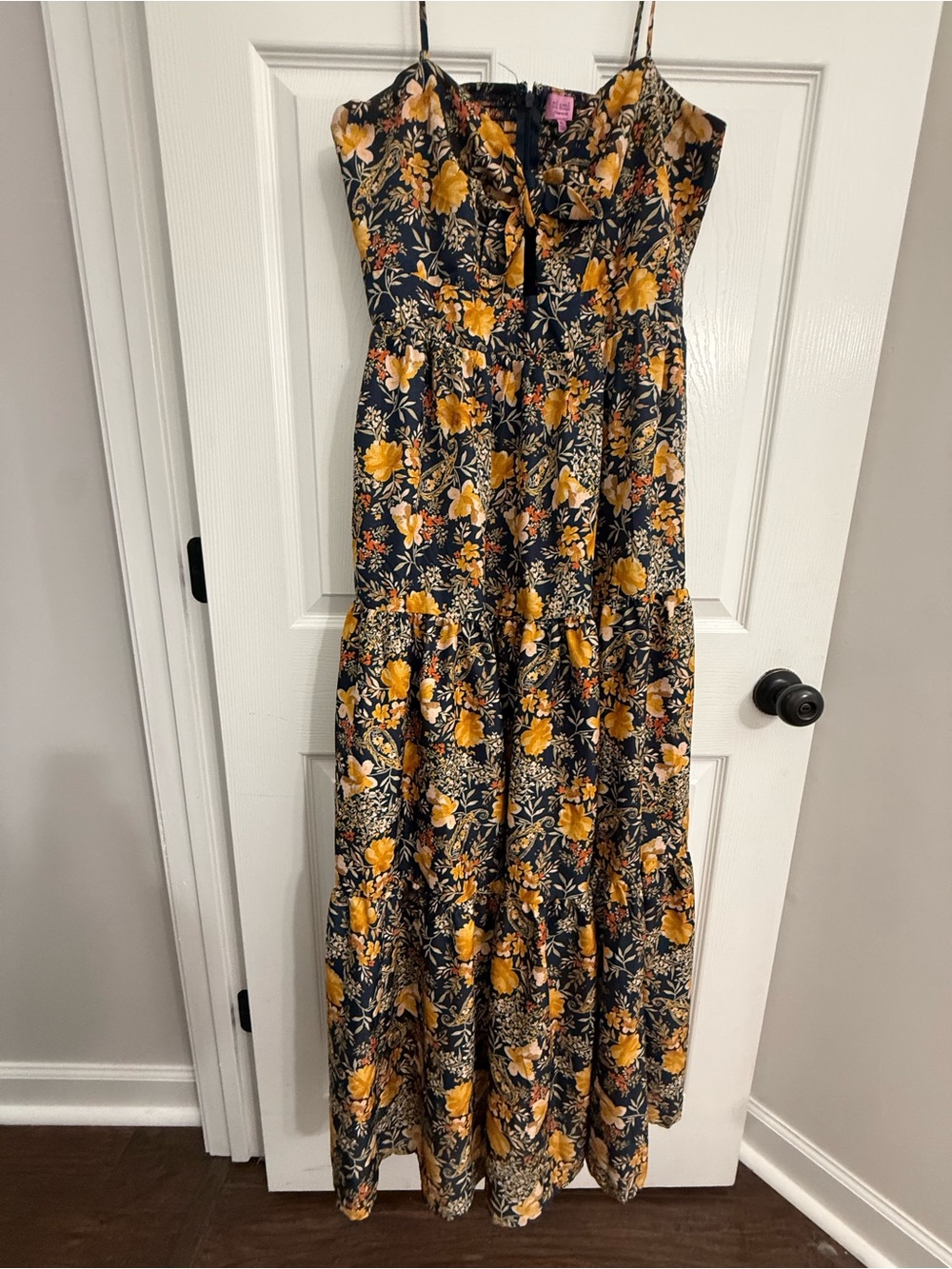 NWT Francesca's Collections Navy & Mustard Floral Tie-Front Maxi Dress - Picture 2 of 5